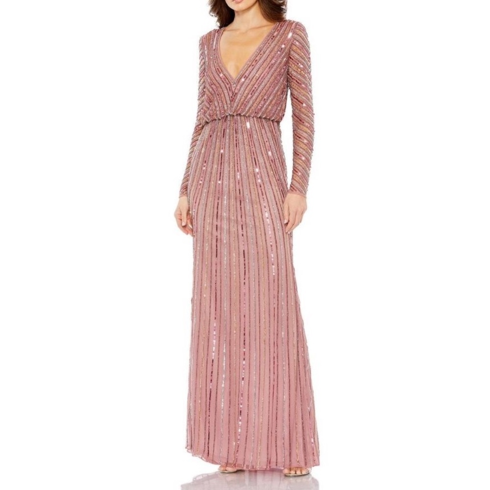 Mac Duggal Sequined Embellished V Neck Long Sleeves Column Gown - Reemoly